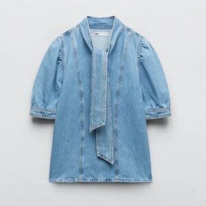 ZARA DENIM NECK TIE BLOUSE SIZE: SMALL